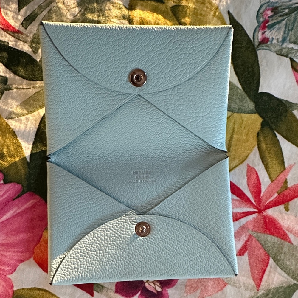 Hermes Chevre Mysore Calvi Card Holder in Bleu Zephyr